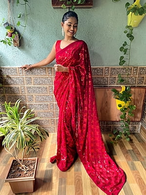Elegant Sequins Saree-Red Elegant Sequins Saree-Red