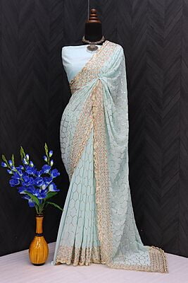 Georgette Sequins Jaal Saree-Blue Georgette Sequins Jaal Saree-Blue