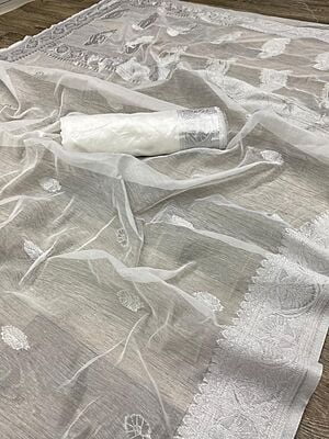Handloom Linen Weaving Saree-White-3 Handloom Linen Weaving Saree-White-3