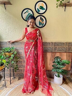 Net Sequins Ready To Drape Saree-Red Net Sequins Ready To Drape Saree-Red