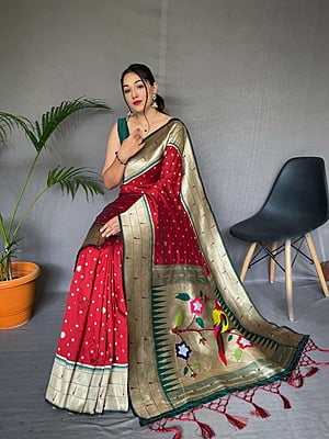 Paithani Silk Saree With Tassels-Red
