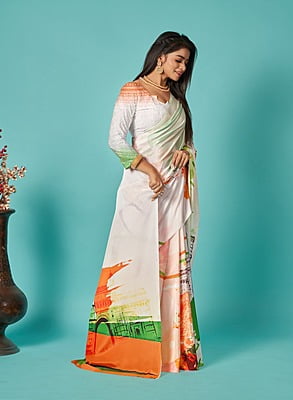 Traditional Digital Printed Saree-White-5