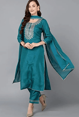 Teal Silk Blend Solid Straight Suit Set