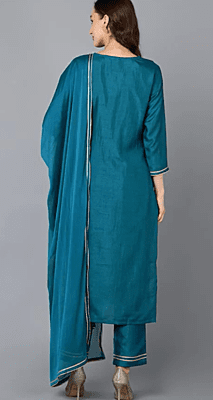 Teal Silk Blend Solid Straight Suit Set Teal Silk Blend Solid Straight Suit Set