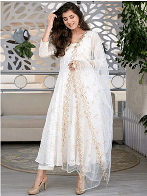 Ethnic motifs embroidered Straight shape Regular style Round neck, three-quarter regular sleeves Sequinned detail Calf length with straight hem Silk blend machine weave fabric
