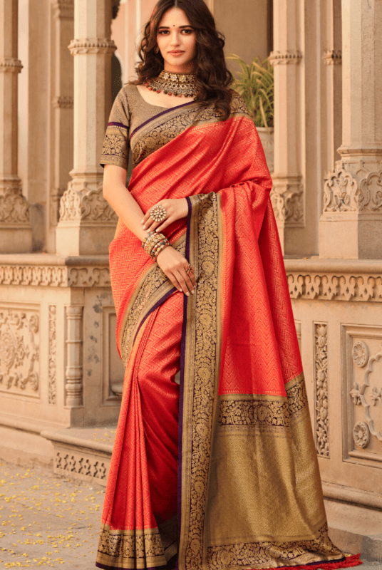 Silk Sarees Red With Contrast Blouse Silk Sarees Red With Contrast Blouse