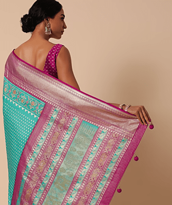 Blue Saree In Silk With Foil And Patola Print