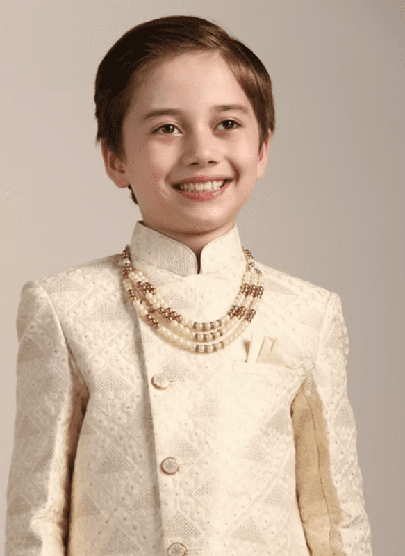 Boys Cream Diamond Patterned Indo Wester set