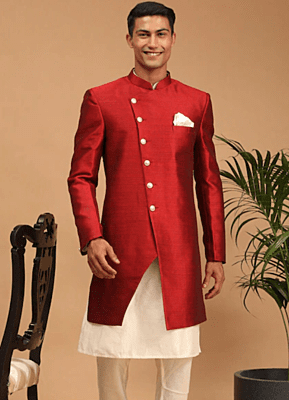 Men Maroon Solid Sherwani Set