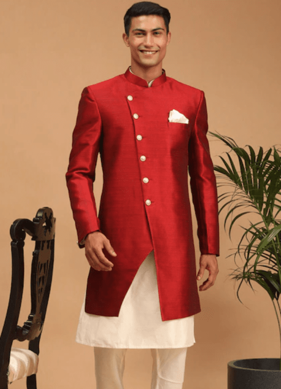 Men Maroon Solid Sherwani Set