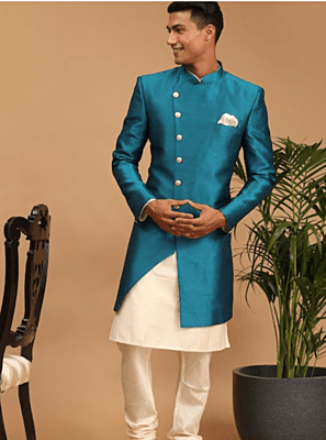 Men Maroon Solid Sherwani Set