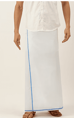 Men White & Blue Solid Dhoti with Border