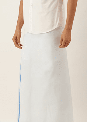 Men White & Blue Solid Dhoti with Border Men White & Blue Solid Dhoti with Border