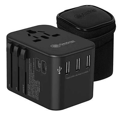 Destinio Type C Universal Travel Adapter with PD and 3 USB Ports, Black