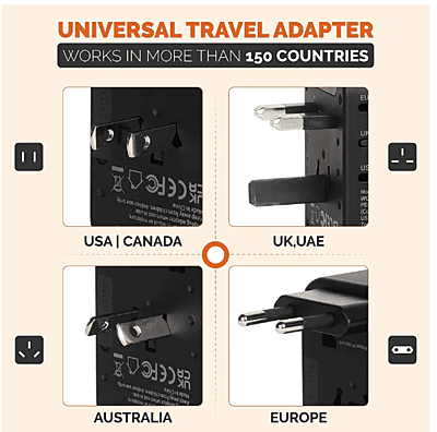 Destinio Type C Universal Travel Adapter with PD and 3 USB Ports, Black