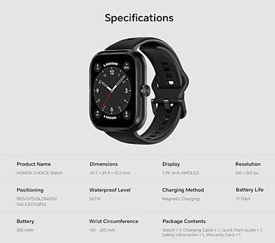 HONOR CHOICE Watch| 1.95" AMOLED Display | Bluetooth Calling | 120 Workout Modes | 5ATM Swim-Ready | Upto 12 Days Battery Life | Built-in Multi-System GNSS | SpO2, Heart Rate, Sleep Tracking