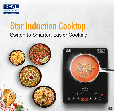 KENT Star Induction Cooktop 3000W | 6 Preset Menu | Full Microcrystalline Glass | Feather Touch Buttons & LED Display | Milk Boiling & Turbo Cooking Function | Overheat Protection & Auto Turn-Off