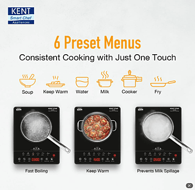 KENT Star Induction Cooktop 3000W | 6 Preset Menu | Full Microcrystalline Glass | Feather Touch Buttons & LED Display | Milk Boiling & Turbo Cooking Function | Overheat Protection & Auto Turn-Off