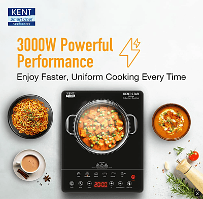 KENT Star Induction Cooktop 3000W | 6 Preset Menu | Full Microcrystalline Glass | Feather Touch Buttons & LED Display | Milk Boiling & Turbo Cooking Function | Overheat Protection & Auto Turn-Off