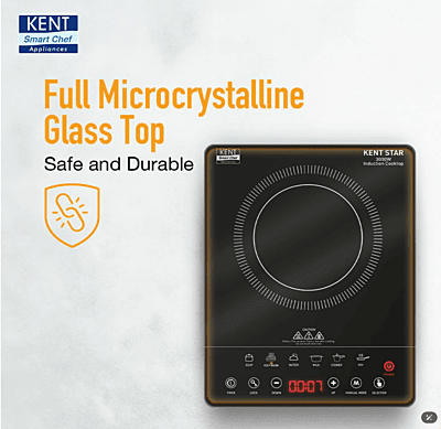 KENT Star Induction Cooktop 3000W | 6 Preset Menu | Full Microcrystalline Glass | Feather Touch Buttons & LED Display | Milk Boiling & Turbo Cooking Function | Overheat Protection & Auto Turn-Off