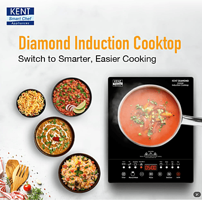 KENT Diamond Induction Cooktop 2000W|8 Preset Menu|Full Microcrystalline Glass|Feather Touch Buttons & Led Display|Milk Boiling & Keep Warm Function|Overheat Protection & Auto Turn-Off, Radiant