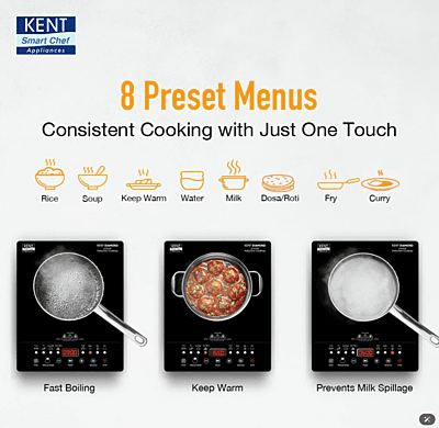 KENT Diamond Induction Cooktop 2000W|8 Preset Menu|Full Microcrystalline Glass|Feather Touch Buttons & Led Display|Milk Boiling & Keep Warm Function|Overheat Protection & Auto Turn-Off, Radiant