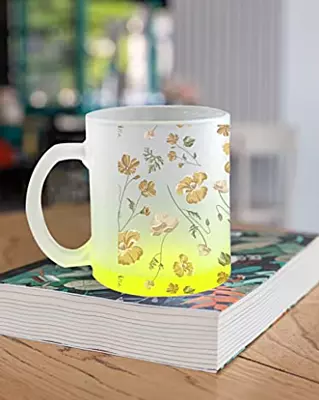 Printed SUBLIMATION Frosted Yellow Glass Mug|Design - Yellow Flowers |Best Gift for Tea Lover|330 ml Glass Mug Printed SUBLIMATION Frosted Yellow Glass Mug|Design - Yellow Flowers |Best Gift for Tea Lover|330 ml Glass Mug