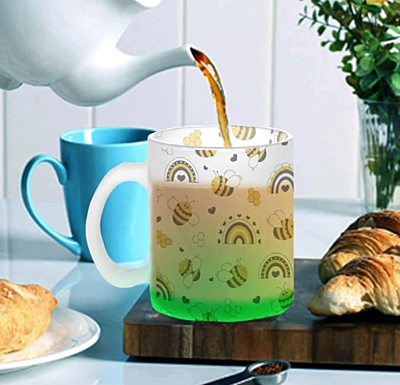 Printed SUBLIMATION Frosted Green Glass Mug|Design - Honey Bee |Best Gift for Tea Lover|330 ml Glass Mug Printed SUBLIMATION Frosted Green Glass Mug|Design - Honey Bee |Best Gift for Tea Lover|330 ml Glass Mug
