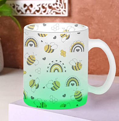 Printed SUBLIMATION Frosted Green Glass Mug|Design - Honey Bee |Best Gift for Tea Lover|330 ml Glass Mug Printed SUBLIMATION Frosted Green Glass Mug|Design - Honey Bee |Best Gift for Tea Lover|330 ml Glass Mug