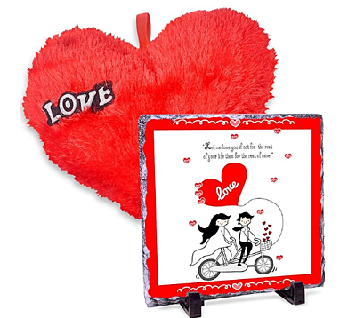 Printed Love Cycle Propose Day Rock Tile Frame & Red Heart Cushion Combo Printed Love Cycle Propose Day Rock Tile Frame & Red Heart Cushion Combo