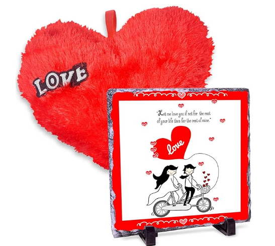 Printed Love Cycle Propose Day Rock Tile Frame & Red Heart Cushion Combo Printed Love Cycle Propose Day Rock Tile Frame & Red Heart Cushion Combo