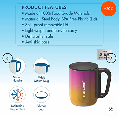 Signora ware Phoenix Double Wall Stainless Steel  Mug 220ML