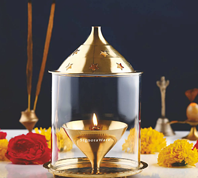 Signora ware Akhand Diya Brass With Glass Cover