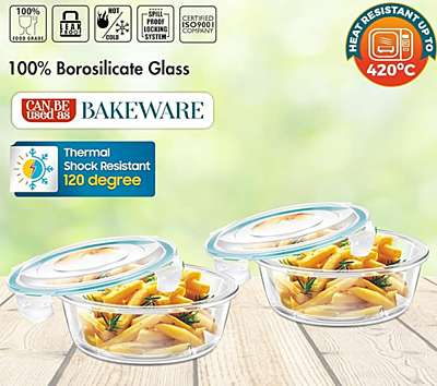 Signora ware Lock 'N' Store  Glass Container Square Set/2 ,400ML