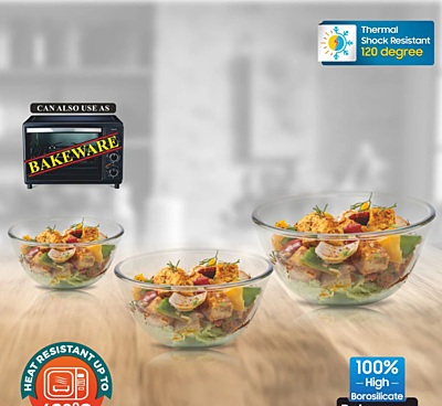 Signora ware Mixing Borosilicate Bowl Combo- set/3 (500,1000,1500 ML)