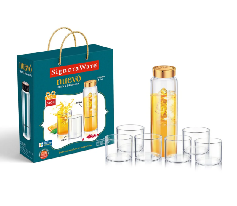 Signora ware Nuevo 1 Bottle & 6 Glass set,(295 ML Each Glass)