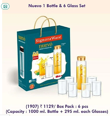 Signora ware Nuevo 1 Bottle & 6 Glass set,(295 ML Each Glass)