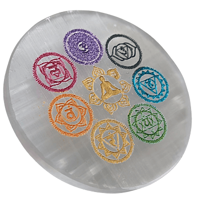 ANKKJYOTI Selenite Air Plate (7 Chakra Design – Small Figurine, Large Chakras) 6" x 1"