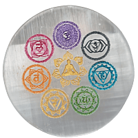 ANKKJYOTI Selenite Air Plate (7 Chakra Design – Small Figurine, Large Chakras) 6" x 1" ANKKJYOTI Selenite Air Plate (7 Chakra Design – Small Figurine, Large Chakras) 6" x 1"