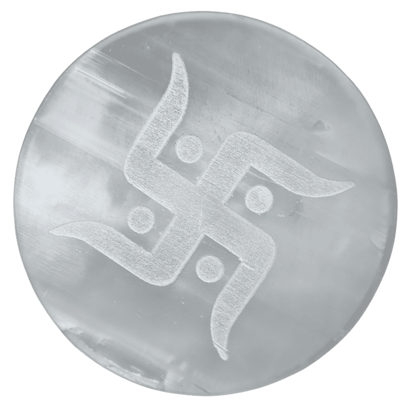 ANKKJYOTI Selenite Charging Air Plate (Swastik White Design) 6" x 1" ANKKJYOTI Selenite Charging Air Plate (Swastik White Design) 6" x 1"