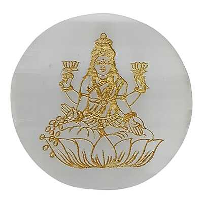 ANKKJYOTI Selenite Charging Air Plate (Lakshmi Golden Carving) 6" x 1"