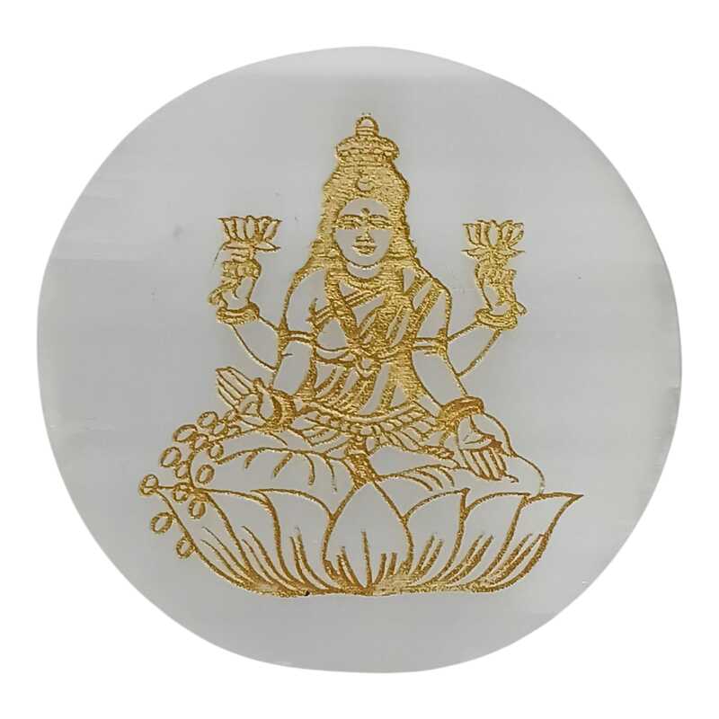 ANKKJYOTI Selenite Charging Air Plate (Lakshmi Golden Carving) 6" x 1" ANKKJYOTI Selenite Charging Air Plate (Lakshmi Golden Carving) 6" x 1"