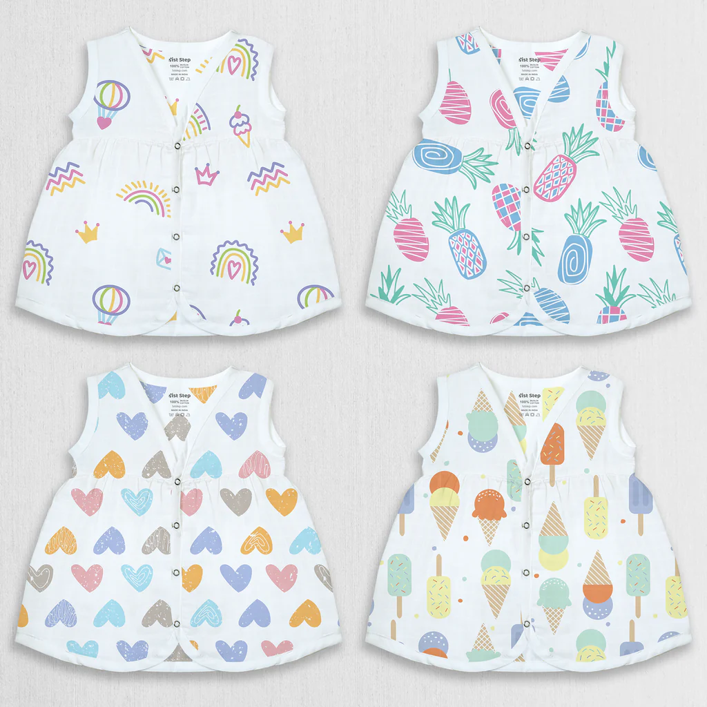 1st Step 100% Soft Muslin Cotton Snap Button Baby Frock - Pack Of 4 - 6-9 Months