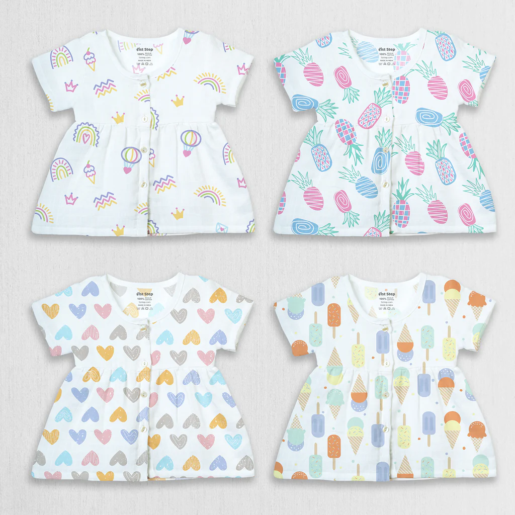 1st Step 100% Soft Muslin Cotton Button Half Sleeve Baby Frock - Pack Of 4 - 6-9 Months