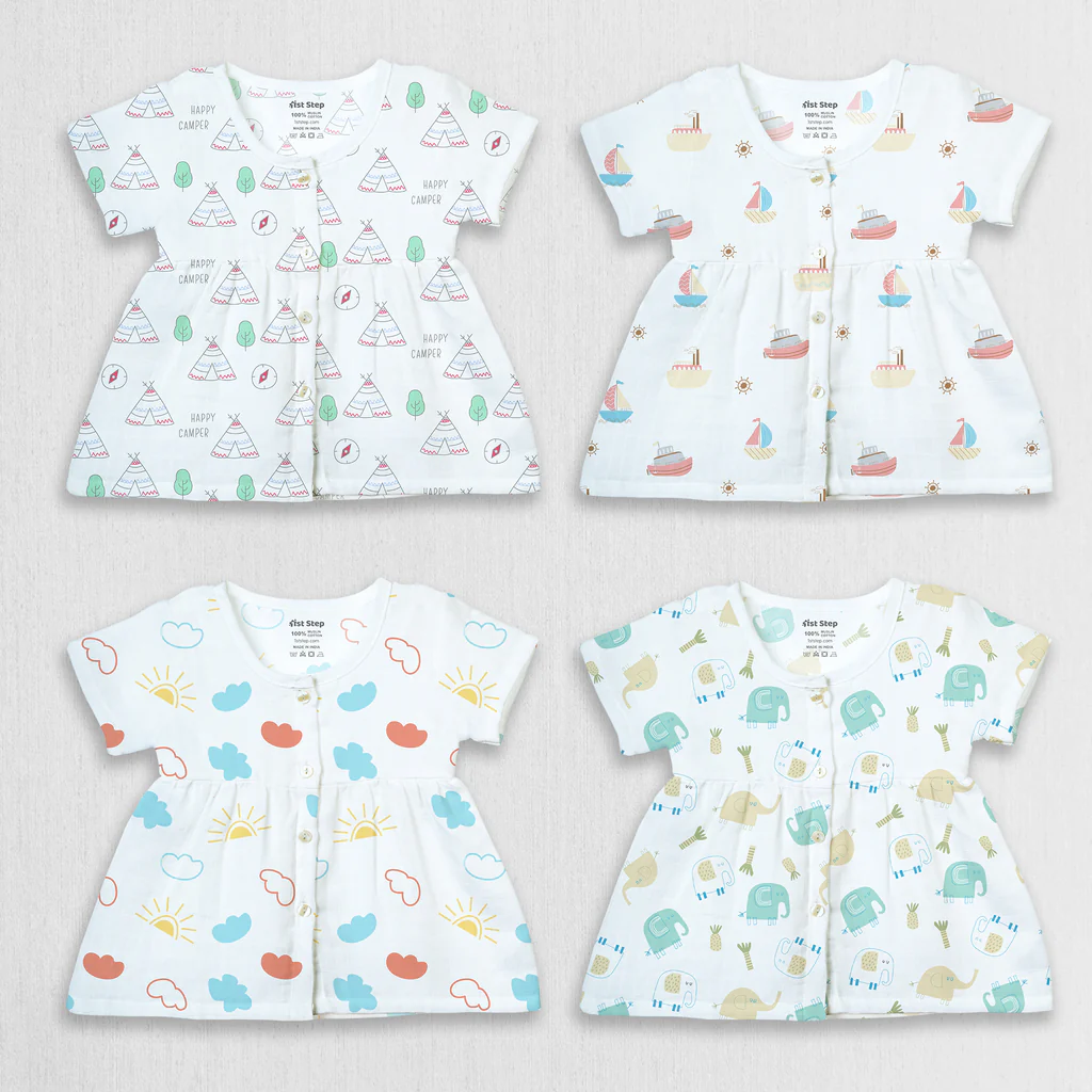 1st Step 100% Soft Muslin Cotton Button Half Sleeve Baby Frock - Pack Of 4 - 0-3 Months