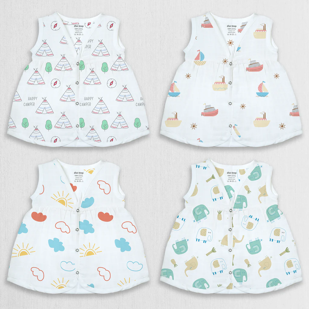 1st Step 100% Soft Muslin Cotton Snap Button Baby Frock - Pack Of 4 - 0-3 Months