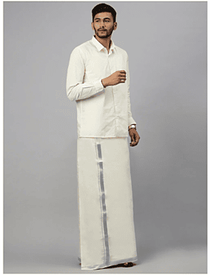 Ramraj Mens Kora Double Dhoti 1" Silver Jari Border Silver Mark