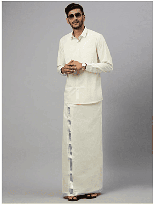Ramraj Mens Kora Double Dhoti 1" Silver Jari Border Silver Mark