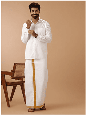 Mens Single Dhoti white with Gold jari 1 1/2" Aruthra