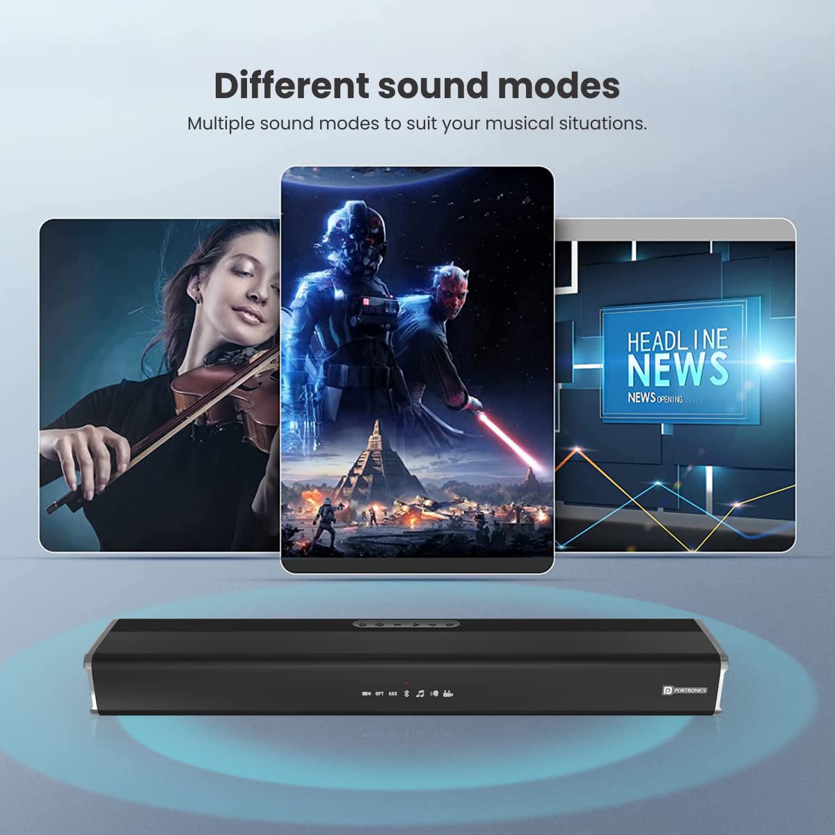 Portronics SOUND SLICK 5 80W Powerful Wireless Soundbar with Remote. Supports USB Flash Drive, Aux In, Optical Input Port (Black) Portronics SOUND SLICK 5 80W Powerful Wireless Soundbar with Remote. Supports USB Flash Drive, Aux In, Optical Input Port (Black)